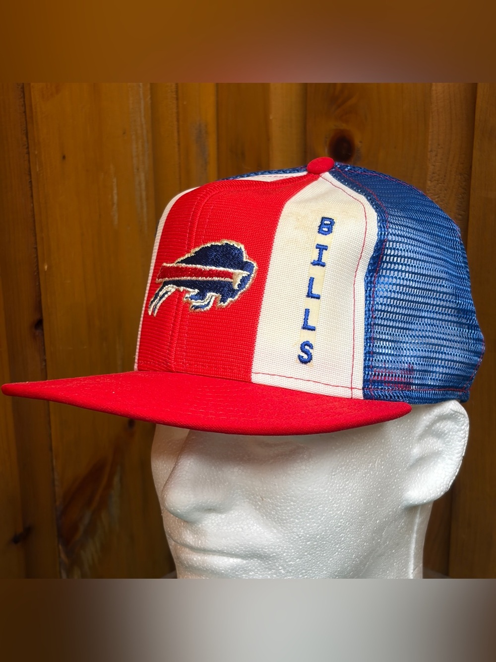 Vintage 80s Buffalo Bills AJD Lucky Stripes Trucker Hat Snapback Mesh USA Made